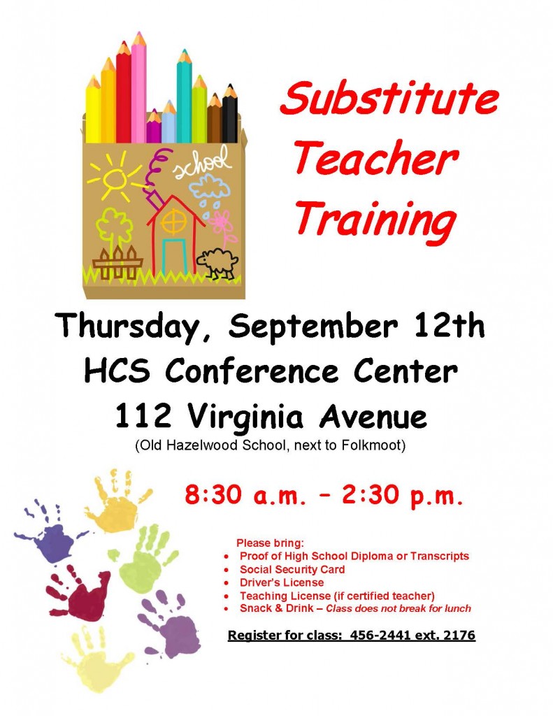 Substitute Teacher Training will be held on September 12th