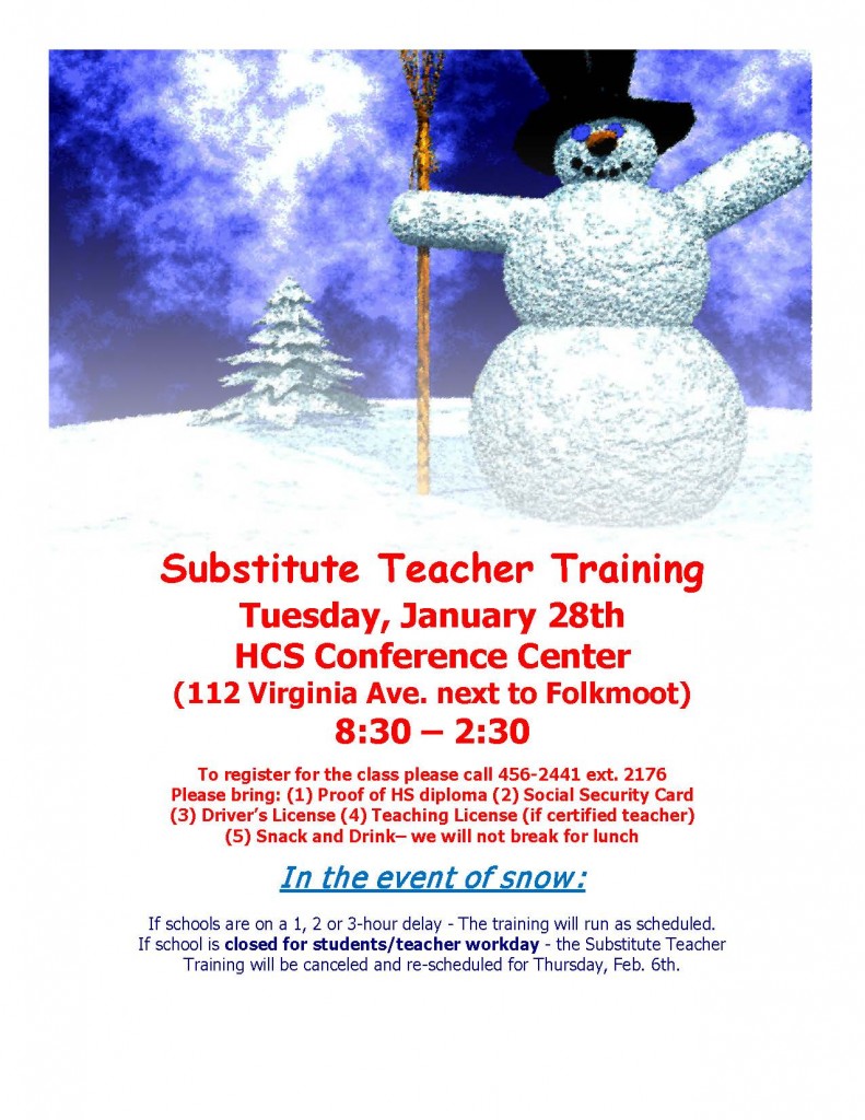 Substitute Teacher Training will be held on January 28th